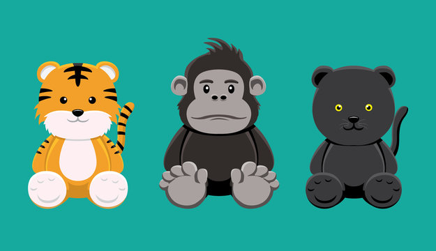 Tiger Gorilla Panther Doll Set Cartoon Vector Illustration