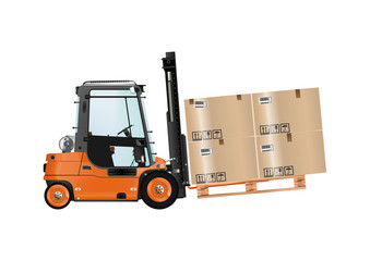 Forklift with cargo on a white background. Raster illustration.