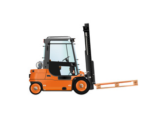 Forklift with cargo on a white background. Raster illustration.