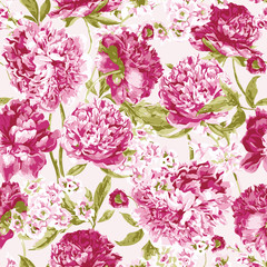 Seamless Pattern with Pink Peonies, Vector Illustration