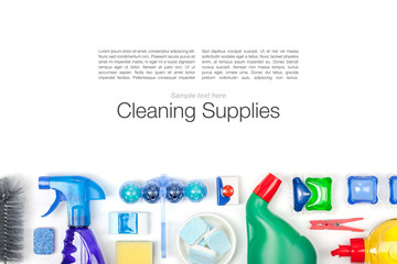 cleaning supplies on white background