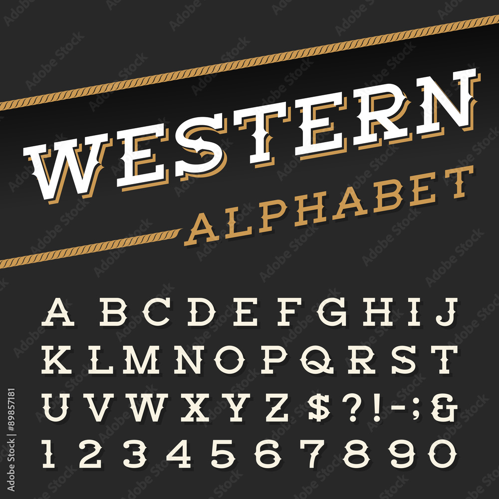 Fototapete western style retro alphabet vector font. serif type letters, numbers and symbols on a dark backgrou