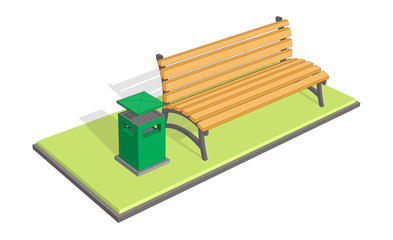 Bench in the park with litter bin (trash metal tank). A bench on