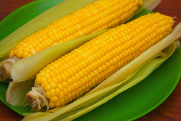 Boiled yellow corn on a plate