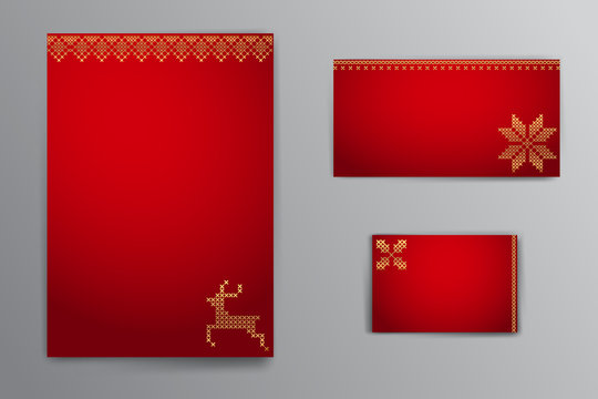 Christmas vector banners mock ups, blank white paper templates with golden embroidery 