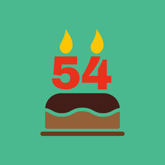 The birthday cake with candles in the form of number 54 icon. Birthday symbol. Flat