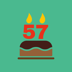 The birthday cake with candles in the form of number 57 icon. Birthday symbol. Flat