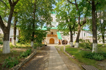 Fototapeta na wymiar Pskov, Russia. View of the monastery building and church Stephan Mirozhsky monastery, XVI century