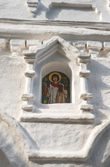 Pskov. Detail of a wall with a mosaic icon Stefanovskaya Mirozhsky Monastery Church