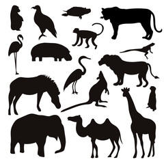 Vector Set of Black Tropical Animals and Birds Silhouettes.