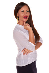 Pretty office woman in white shirt isolate on white background