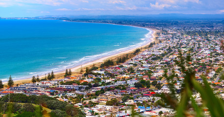 Fototapeta premium Aerial view of Tauranga town from the Mount Maunganui. Tauranga