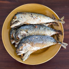 Fried Mackerels on a plate.