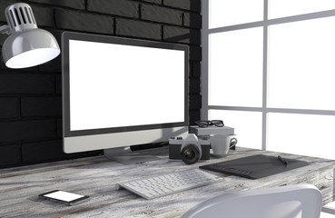 Fototapeta premium 3D illustration PC screen on table in office, Workspace