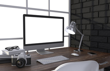 Fototapeta premium 3D illustration PC screen on table in office, Workspace