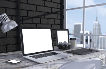 Fototapeta premium 3D illustration PC screen on table in office, Workspace