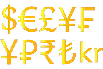 Golden Currencies Symbols Dollar Euro Pound Yen Swiss Franc Yuan Ruble Rupee Turkish Lira Krone