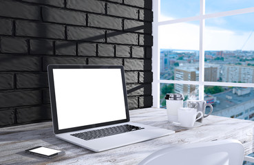 Fototapeta premium 3D illustration PC screen on table in office, Workspace