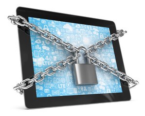 tablet PC with chains and lock isolated on white background