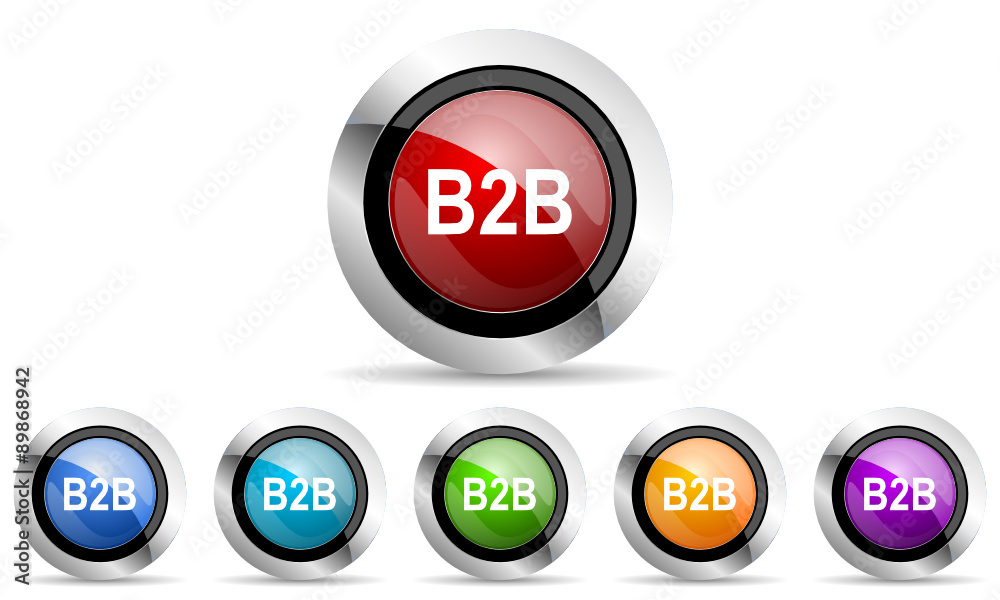Poster b2b colorful vector icons set on white babkground with shadow