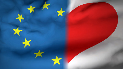 Flag with Eu and Japan flag with stars making heart shape. Friendship and partnership between Eu and Japan.