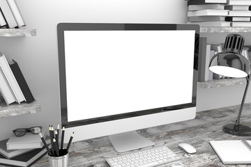 Fototapeta premium 3D illustration PC screen on table in office, Workspace