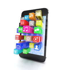 application software icons extruding from smartphone, isolated