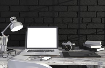 Fototapeta premium 3D illustration laptopand work stuff on table near brick wall