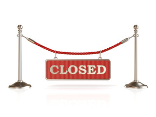 Velvet rope barrier, with CLOSED sign. 3D render isolated on white background