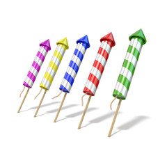 Fototapeta na wymiar Colorful fireworks rockets. 3D render illustration isolated on white background
