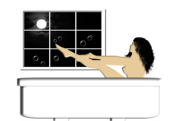 Mujer en la bañera, fondo blanco, ventana, luna
