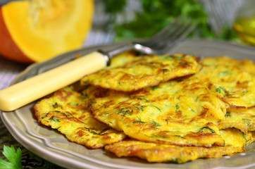 Pumpkin fritters with garlic and dill.