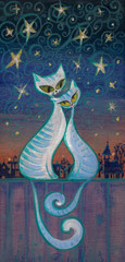 Obrazy na Plexi  Ręcznie malowany obrazek przedstawiający dwa zakochane koty przytulające się w nocy na płocie.
