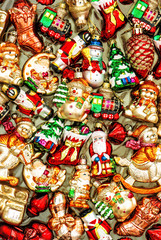 Christmas tree decoration baubles, toys and colorful ornaments.