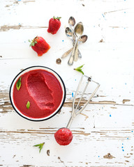 Strawberry sorbet or ice-cream with fresh berries, mint and - obrazy, fototapety, plakaty