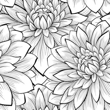 Beautiful seamless background with monochrome black and white flowers