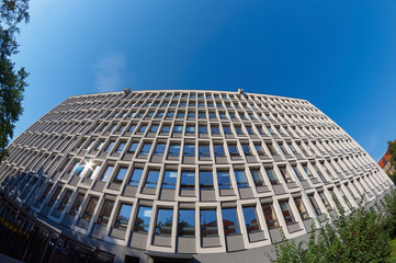 The facade of modernist building in Poznan.