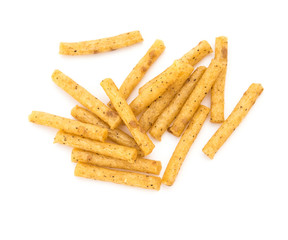 top view pretzel sticks on a white background
