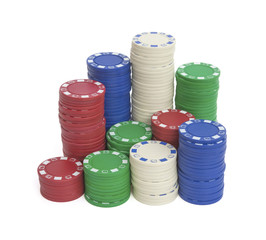 lots of casino chips on white with clipping path
