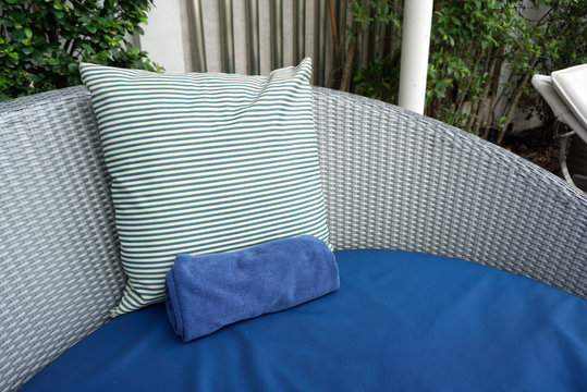 Blue And White Stripe Cushion On Blue Beach Bed