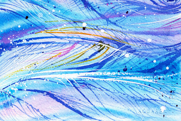 blue wave, line, feathers, wind, abstract watercolor background
