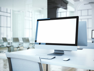 Blank computer screen with white chair. 3d rendering