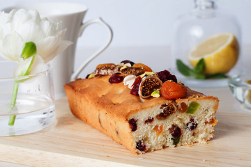 plum cake food candied fruits, nuts, dried apricots, figs, close