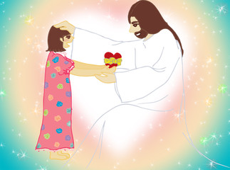 Drawing of Jesus and a little girl who give her heart for Him.