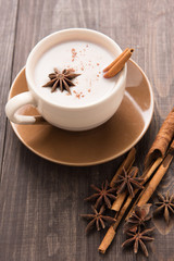 Masala chai with spices cinnamon , cardamom, ginger, clove and s