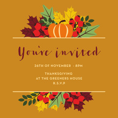 Thanksgiving invitation card with brown banner. Vector design.