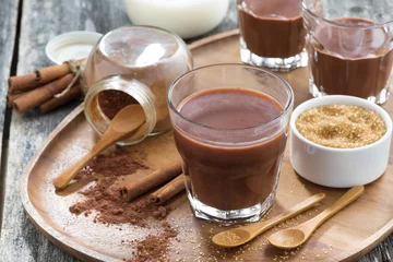 Photo sur Plexiglas Chocolat glass of cocoa with spices on a wooden tray