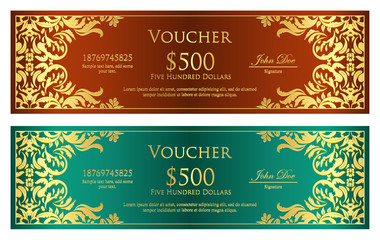 Luxury brown and green voucher with golden vintage ornament