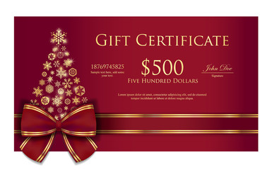 Christmas gift certificate with tree composed from  gold snowflakes