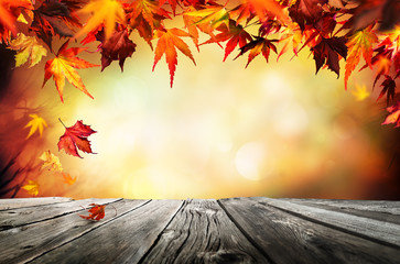 Plakat Autumn background with red leaves wooden planks